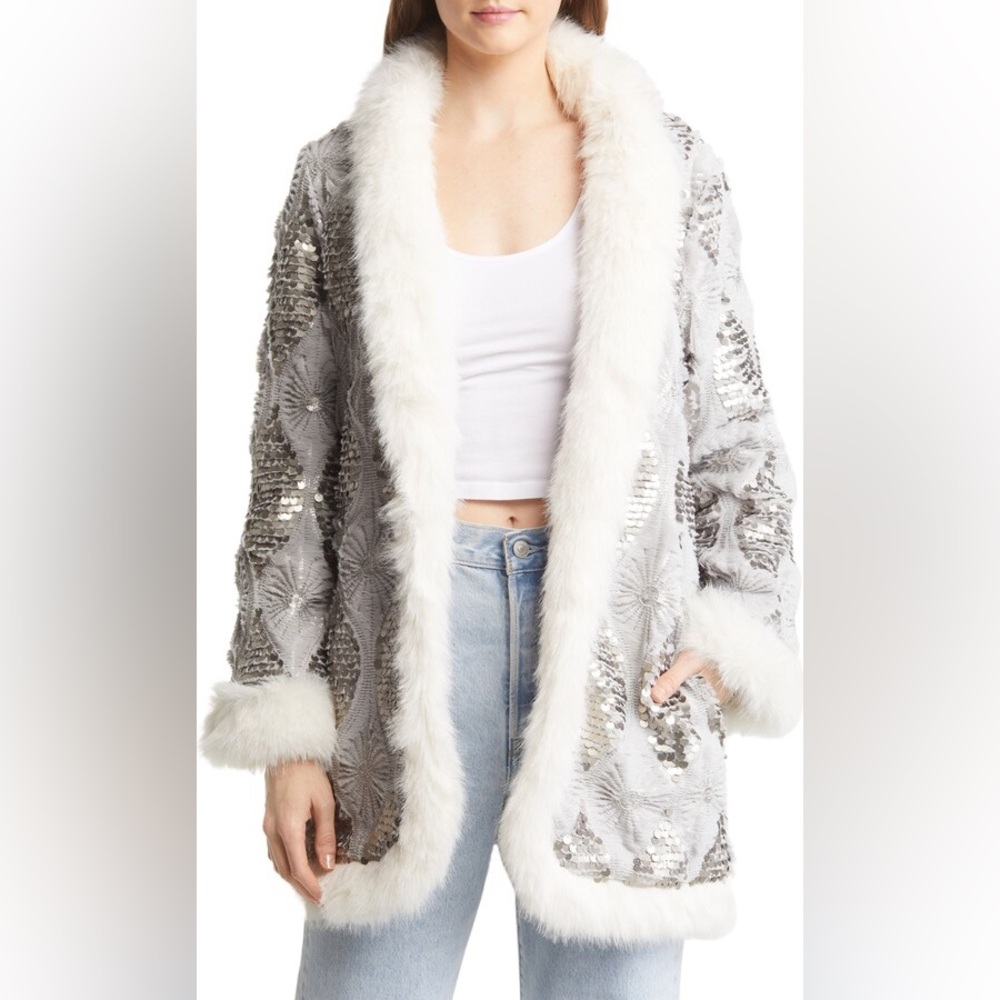 NWT Band of the Free Boho Sequin Faux Fur Open Front Jacket Size XS